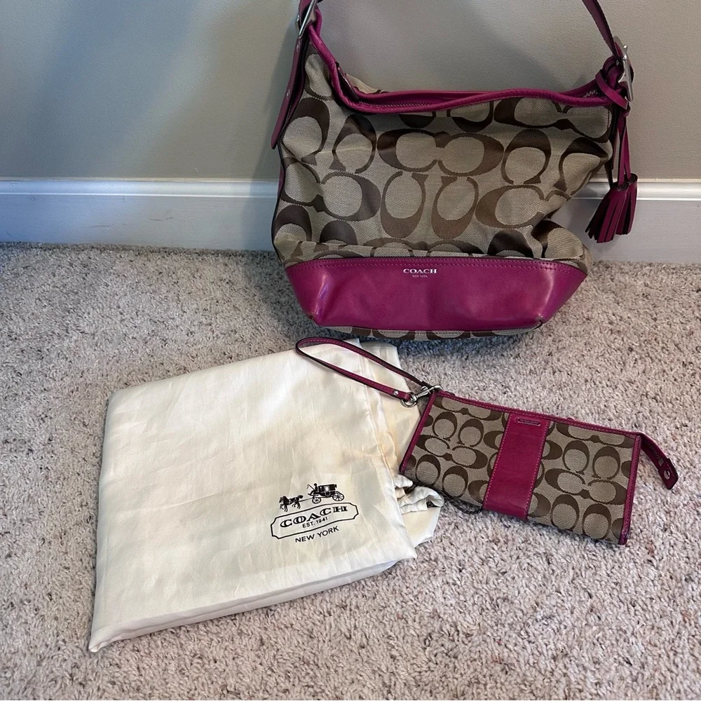 Coach tan and pink shoulder style bag with matching wallet wristlet